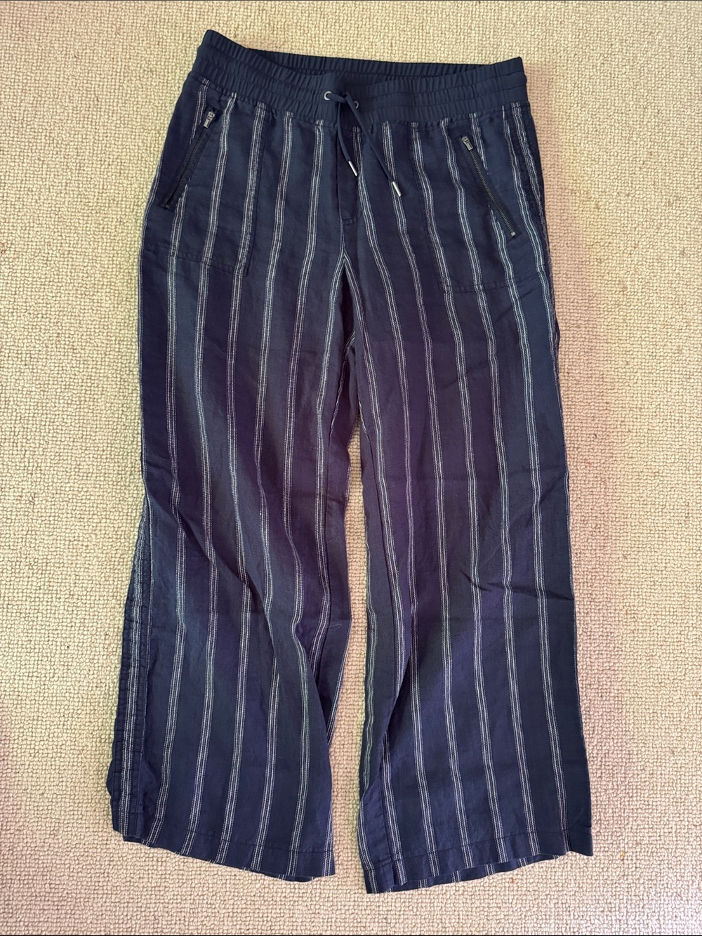 Athleta Cabo navy and white stripe linen drawstring pants